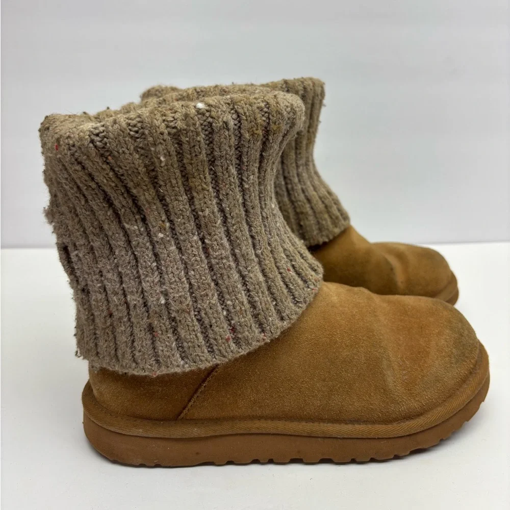 Ugg Suede Slip-On Boots with Knit Cuff - Tan, SZ 5 for big girl, box 29